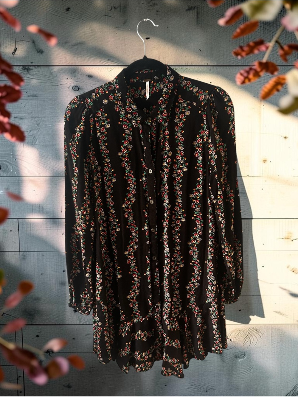 Free People Floral Mini Shirt Dress Long Sleeve Button Front Black Small